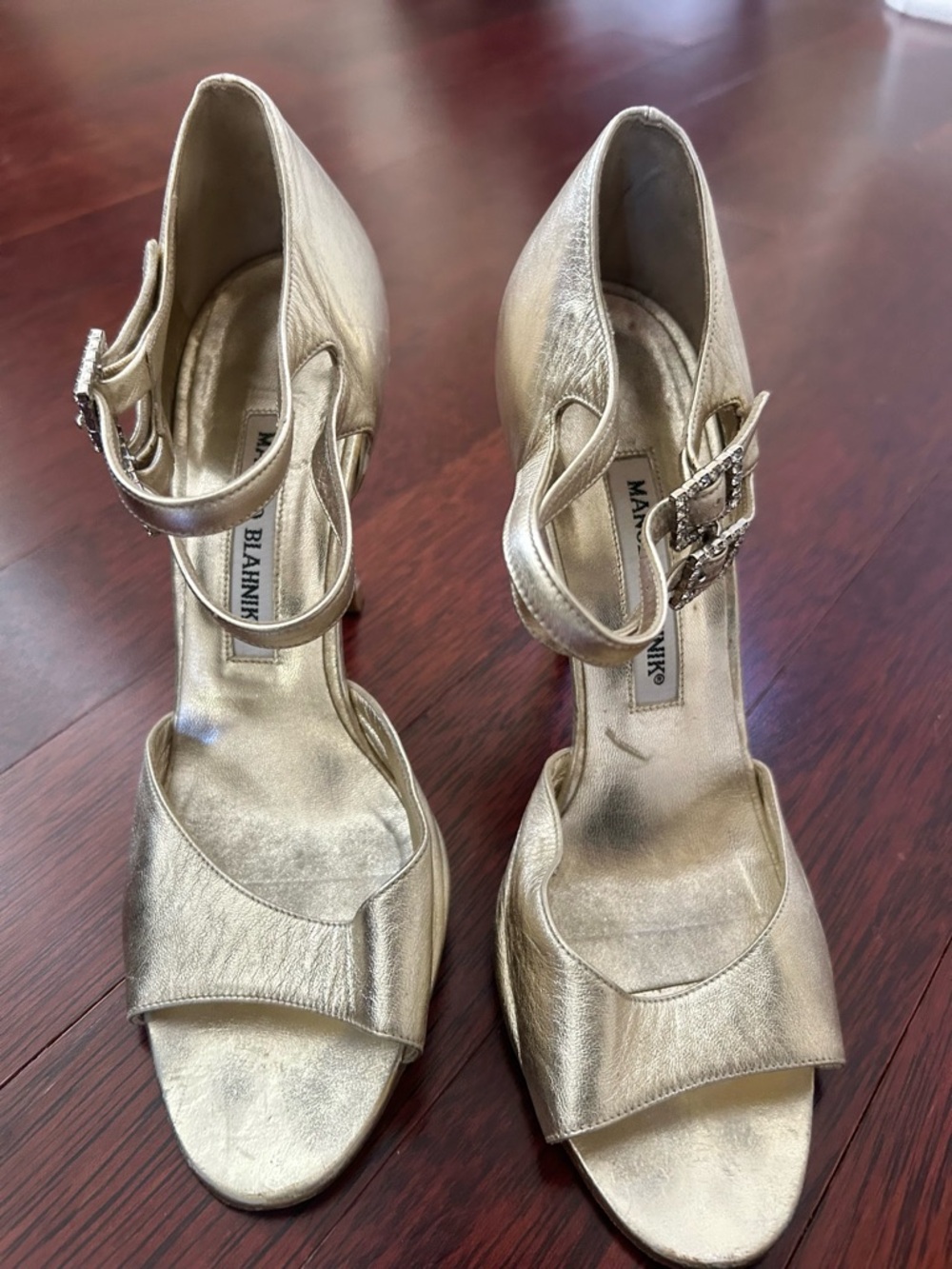 Manolo Blahnik Gold Crystal-Buckle Ankle-Strap Heels